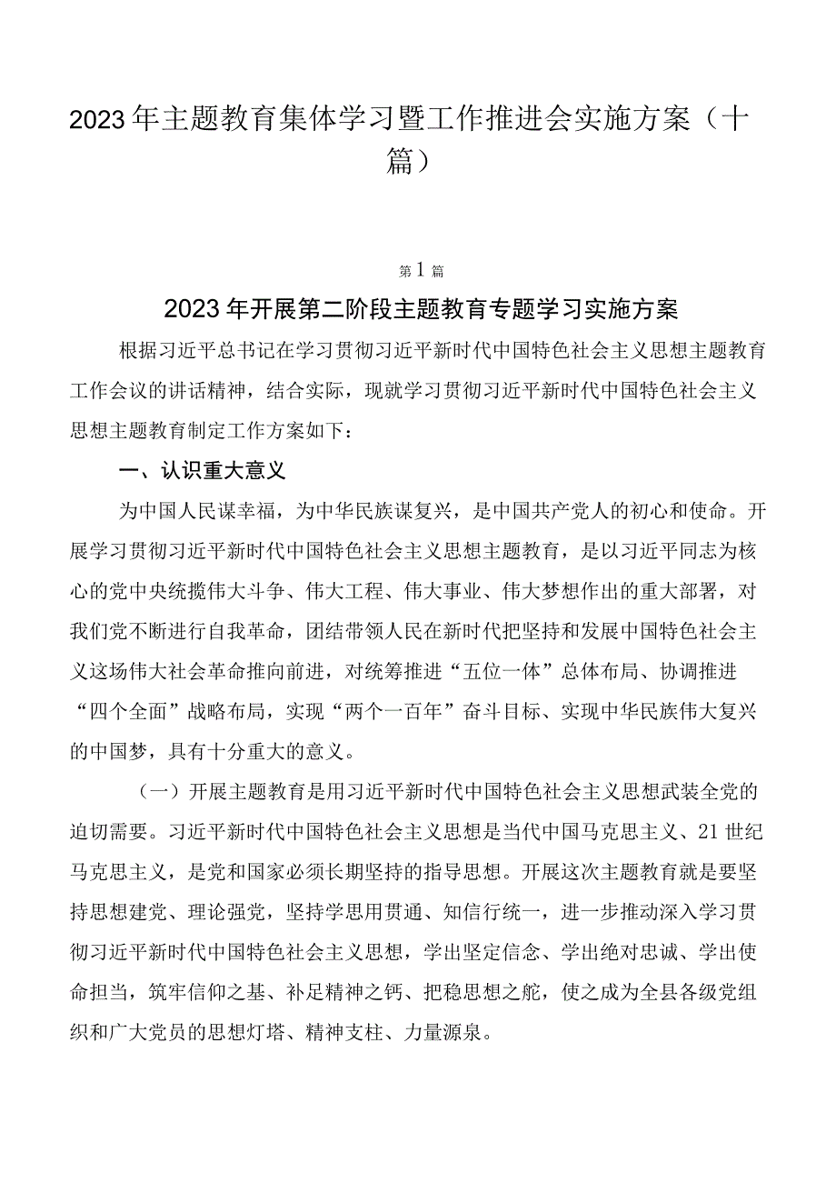 2023年主题教育集体学习暨工作推进会实施方案（十篇）.docx_第1页