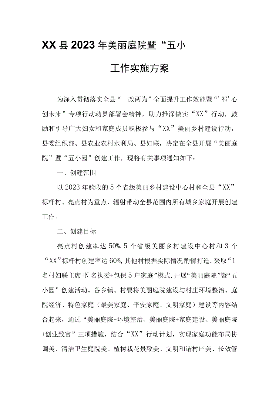 XX县2023年美丽庭院暨“五小园”创建工作实施方案.docx_第1页