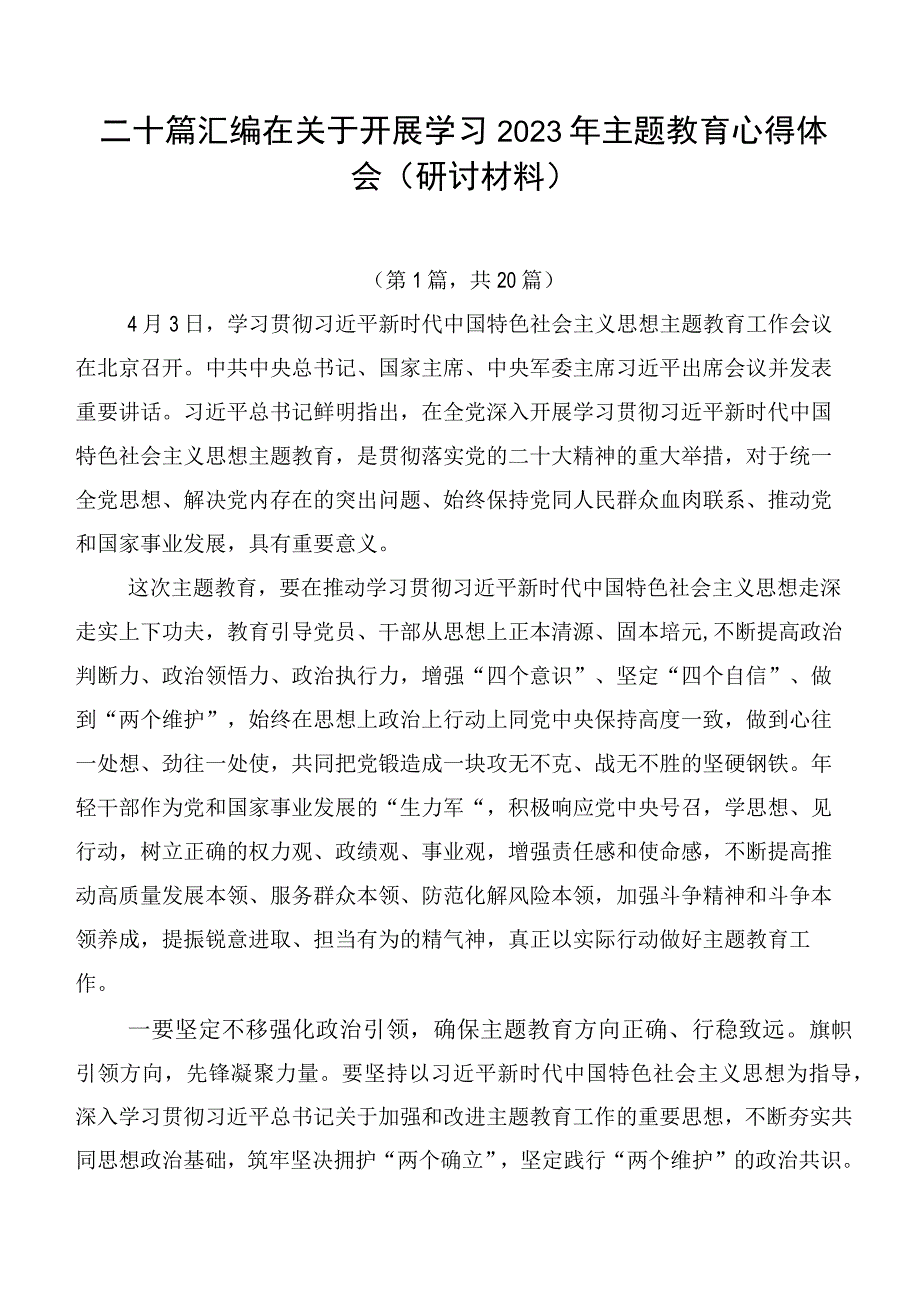 二十篇汇编在关于开展学习2023年主题教育心得体会（研讨材料）.docx_第1页