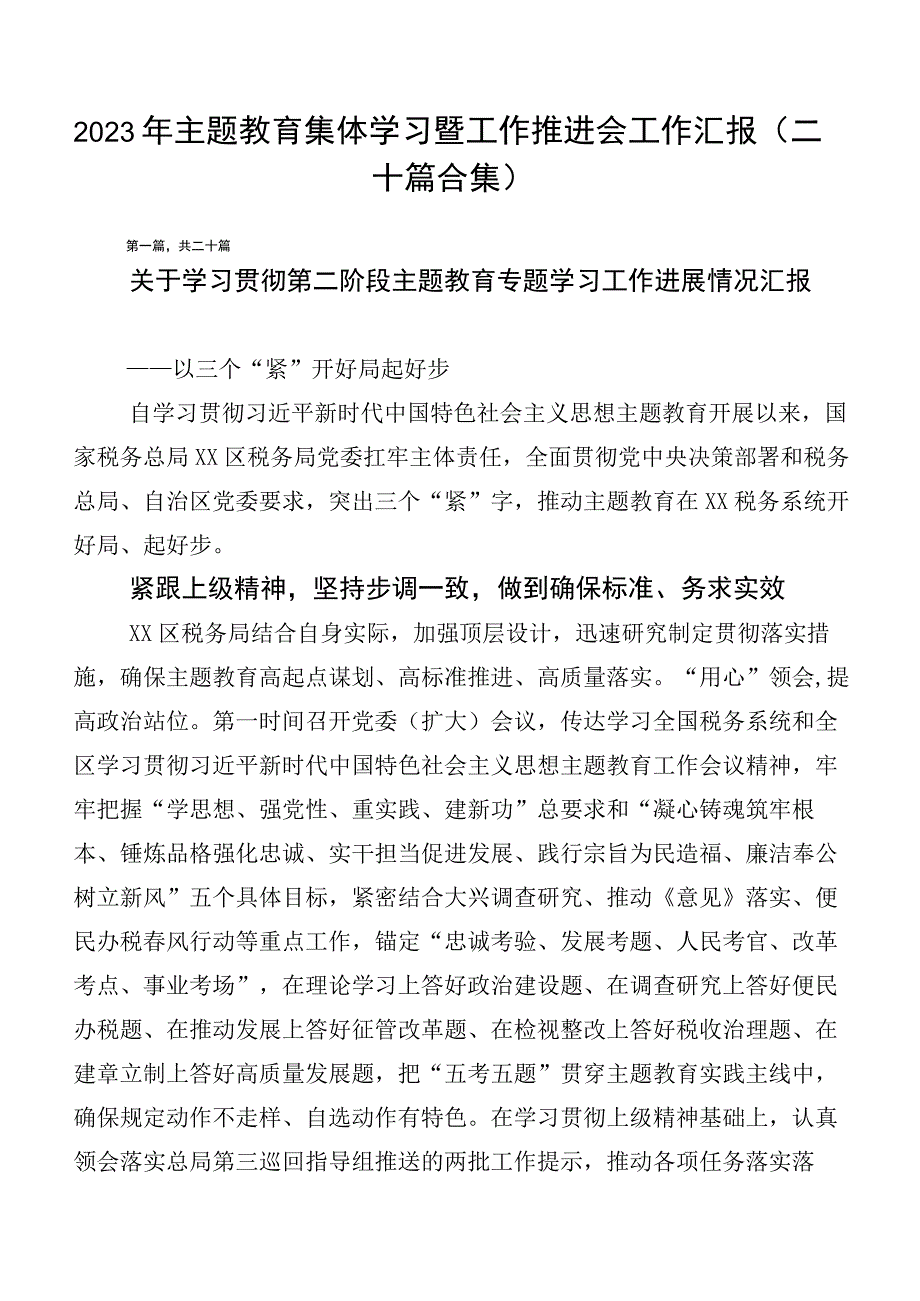 2023年主题教育集体学习暨工作推进会工作汇报（二十篇合集）.docx_第1页