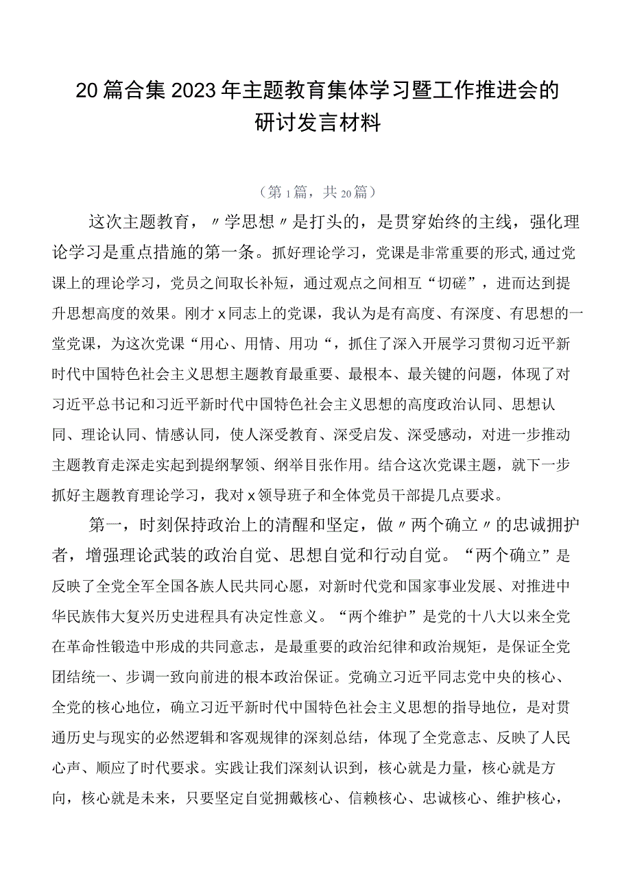 20篇合集2023年主题教育集体学习暨工作推进会的研讨发言材料.docx_第1页