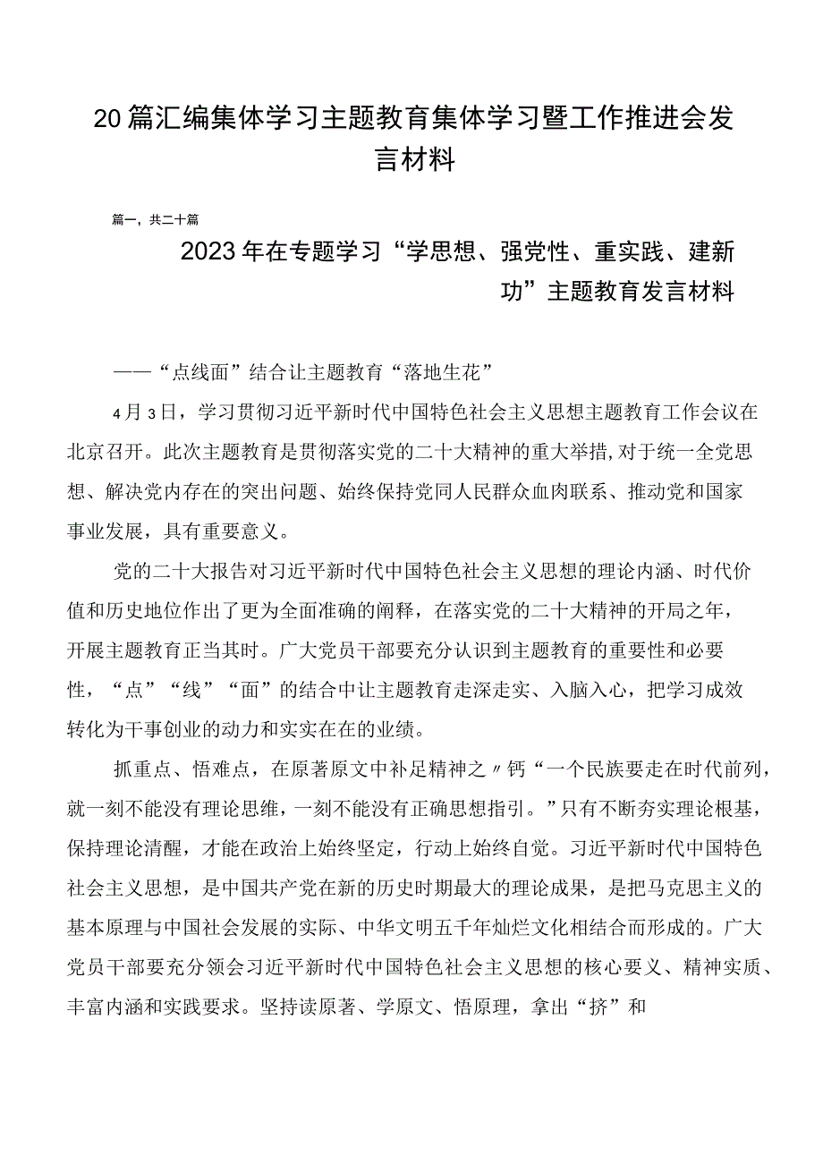 20篇汇编集体学习主题教育集体学习暨工作推进会发言材料.docx_第1页