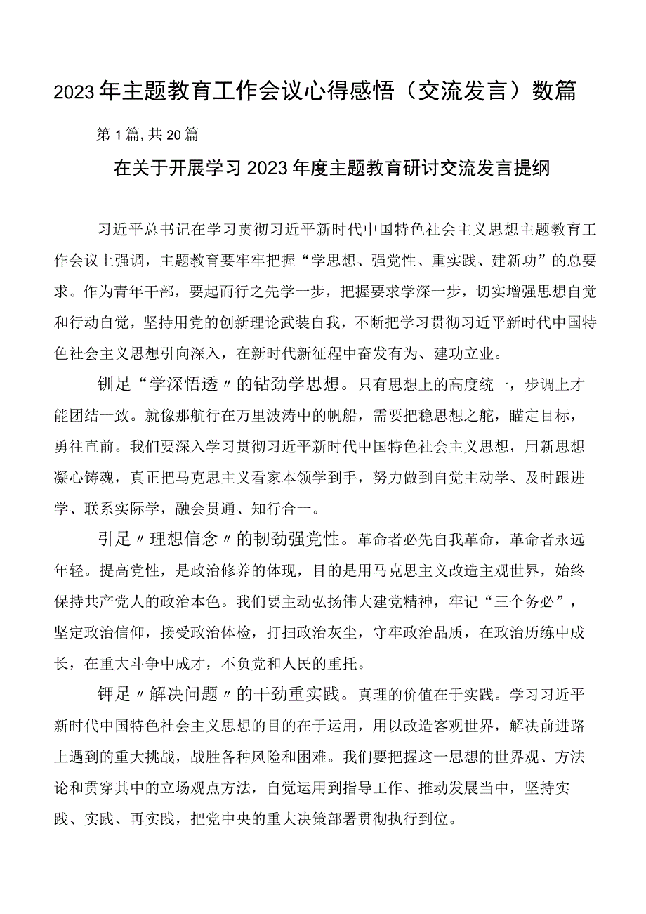 2023年主题教育工作会议心得感悟（交流发言）数篇.docx_第1页