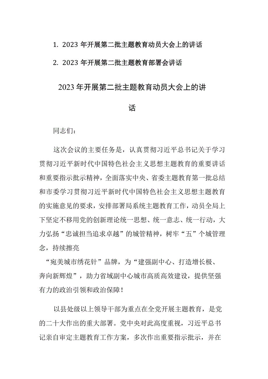 2023年开展第二批主题教育动员大会上的讲话范文2篇.docx_第1页