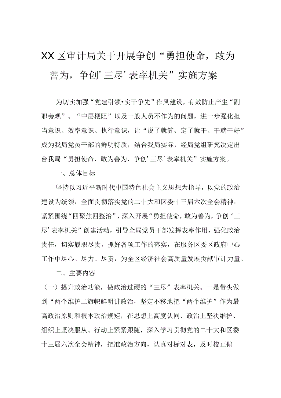 XX区审计局关于开展争创“勇担使命敢为善为争创‘三尽’表率机关”实施方案.docx_第1页