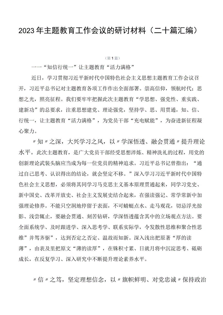 2023年主题教育工作会议的研讨材料（二十篇汇编）.docx_第1页