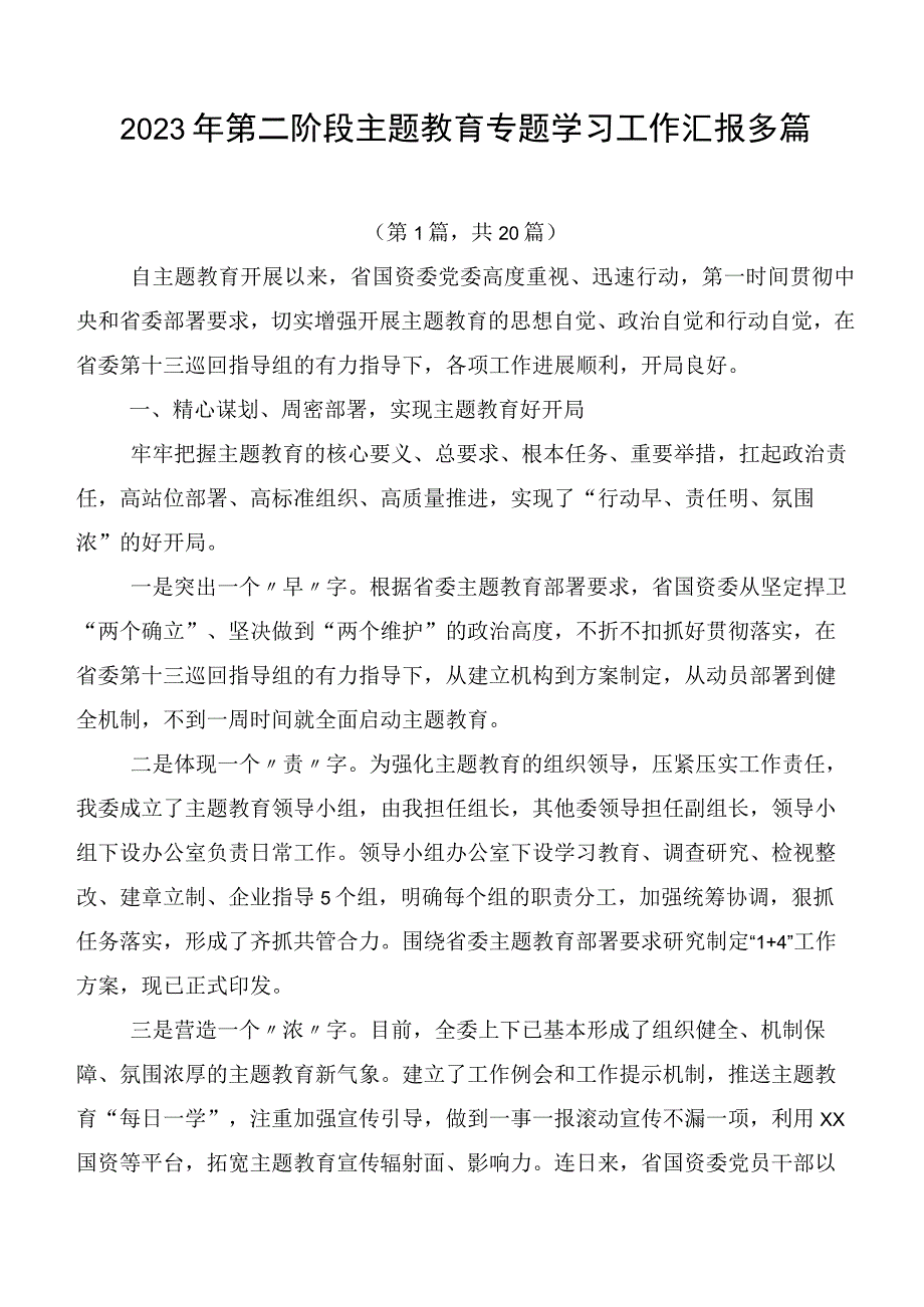 2023年第二阶段主题教育专题学习工作汇报多篇.docx_第1页