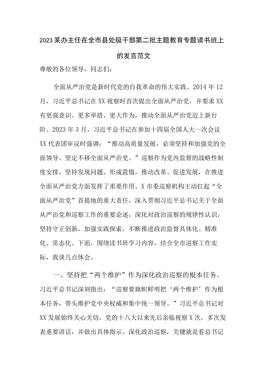 2023某办主任在全市县处级干部第二批主题教育专题读书班上的发言范文.docx_第1页