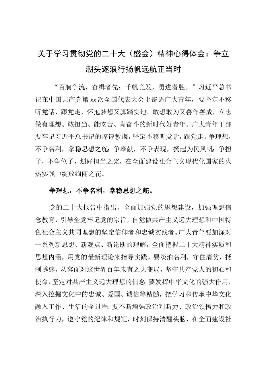 关于学习贯彻党的二十大（盛会）精神心得体会：争立潮头逐浪行扬帆远航正当时.docx_第1页