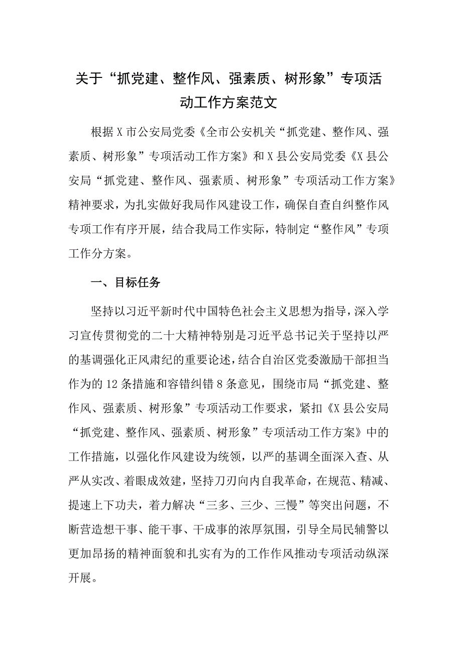 关于“抓党建、整作风、强素质、树形象”专项活动工作方案范文.docx_第1页