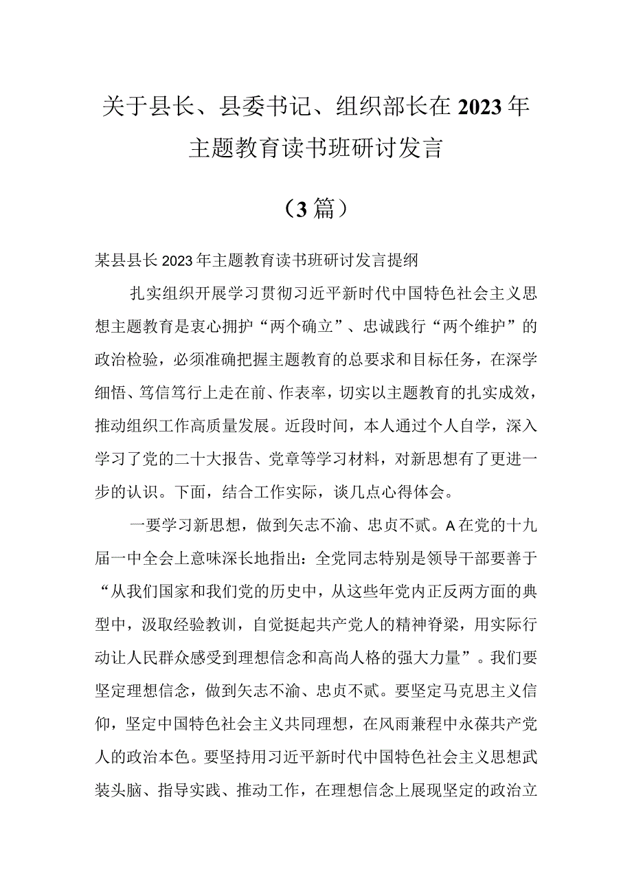 关于县长、县委书记、组织部长在2023年主题教育读书班研讨发言（3篇）.docx_第1页