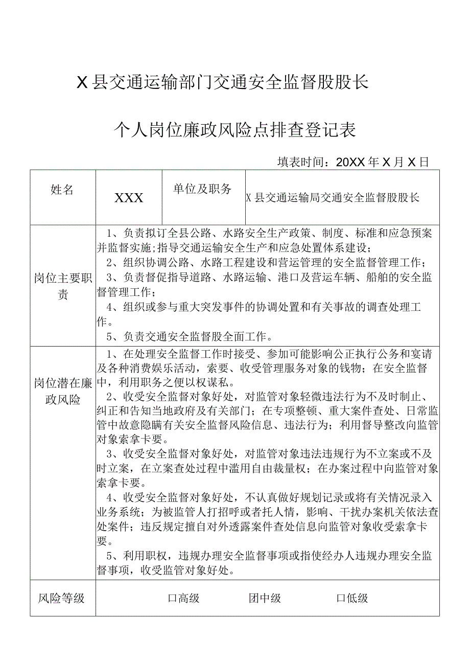 某县交通运输部门交通安全监督股股长个人岗位廉政风险点排查登记表.docx_第1页