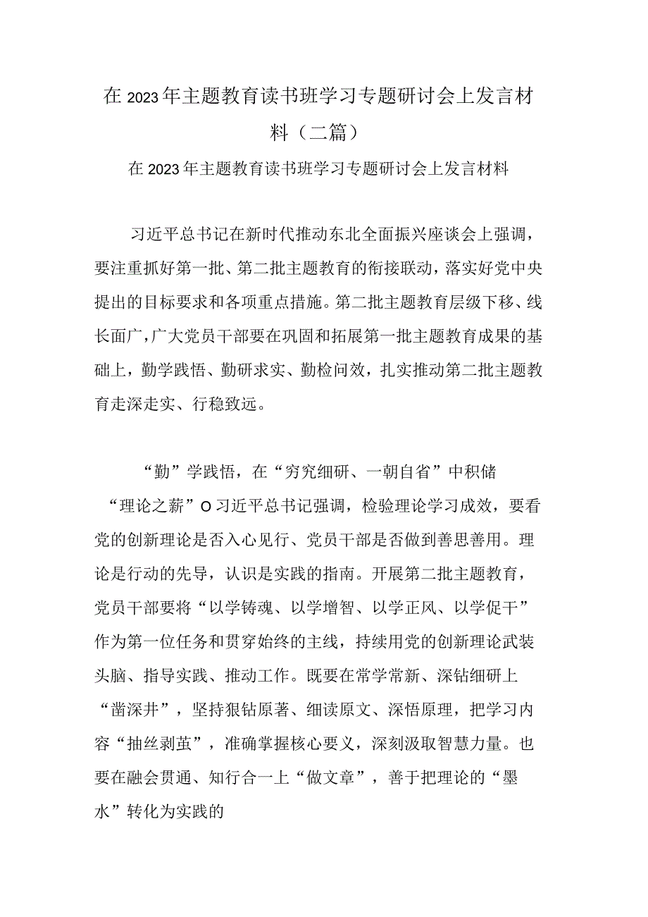 在2023年主题教育读书班学习专题研讨会上发言材料(二篇).docx_第1页