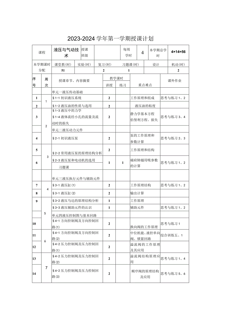 液压与气动技术 教学计划.docx_第1页