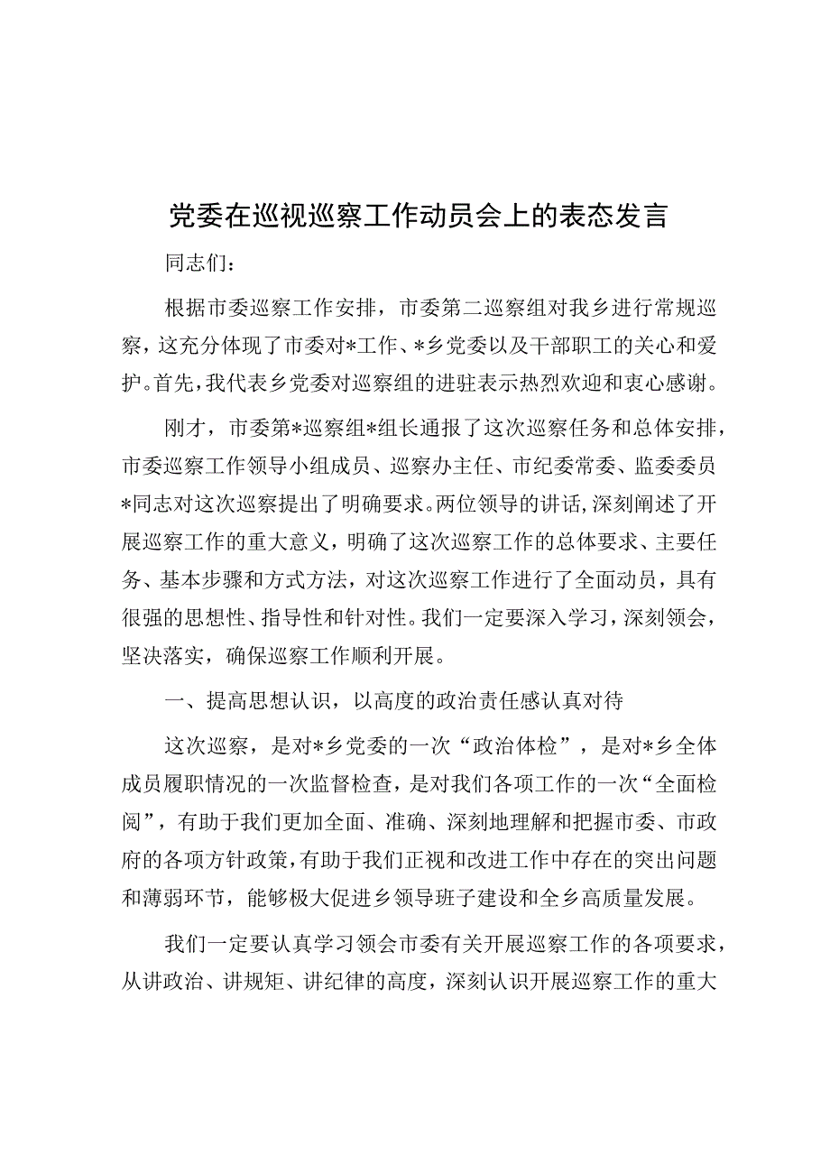 在巡视巡察工作动员会上的表态发言（党委）.docx_第1页