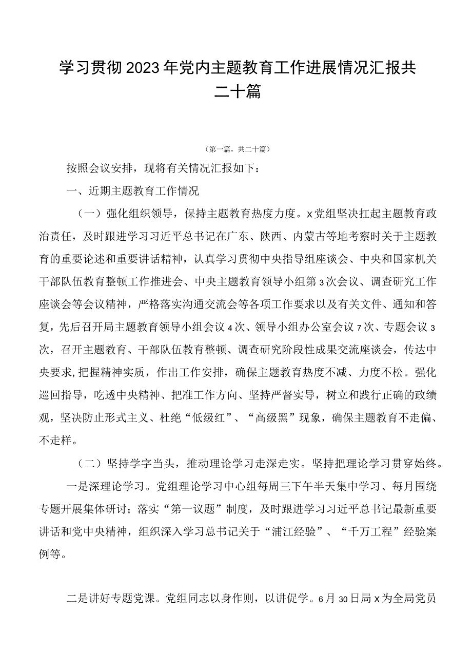 学习贯彻2023年党内主题教育工作进展情况汇报共二十篇.docx_第1页