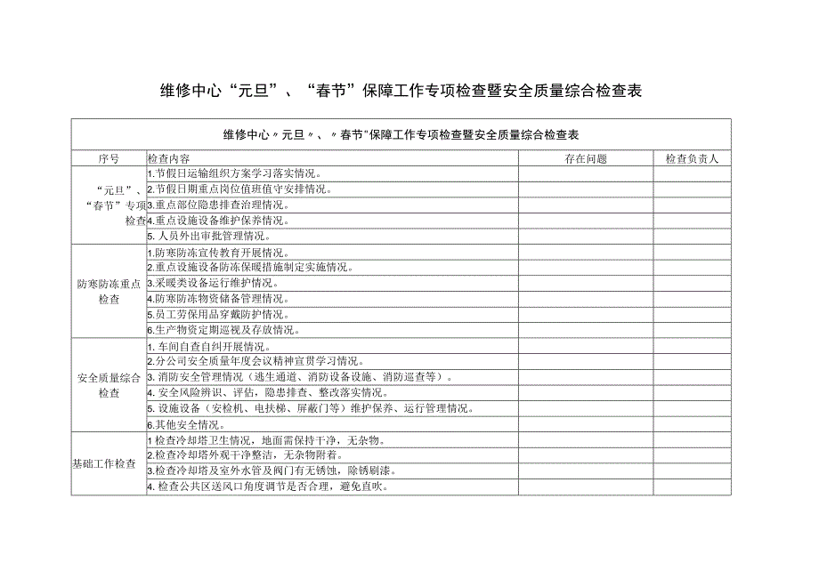 机自维修中心“元旦”、“春节”保障工作专项检查暨安全质量综合检查表.docx_第1页