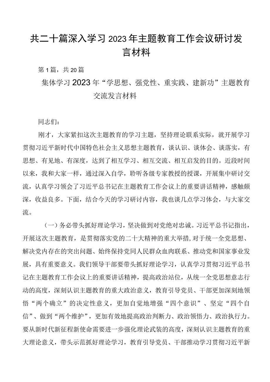 共二十篇深入学习2023年主题教育工作会议研讨发言材料.docx_第1页