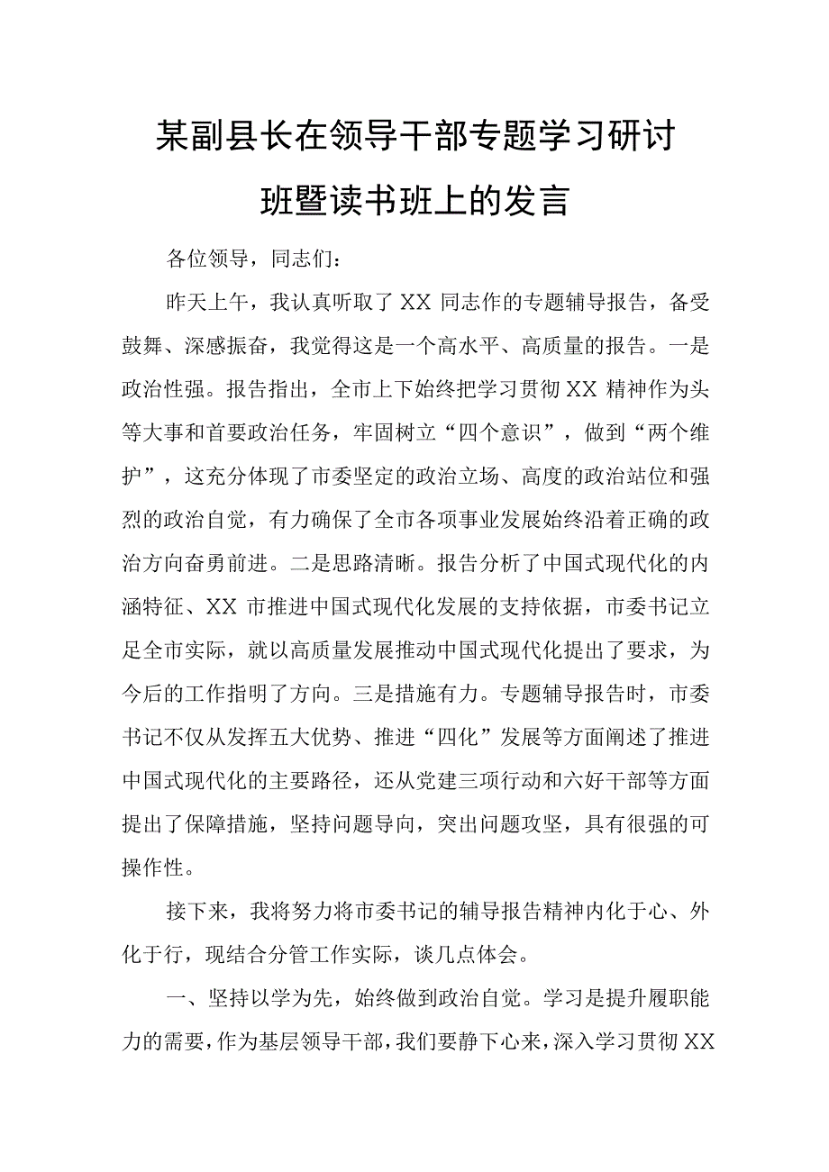 某副县长在领导干部专题学习研讨班暨读书班上的发言.docx_第1页