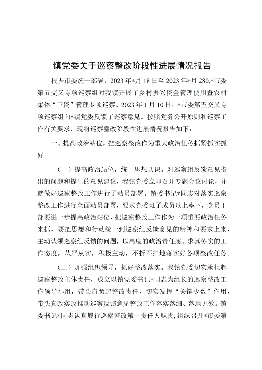 巡察整改阶段性进展情况报告（乡镇党委）.docx_第1页