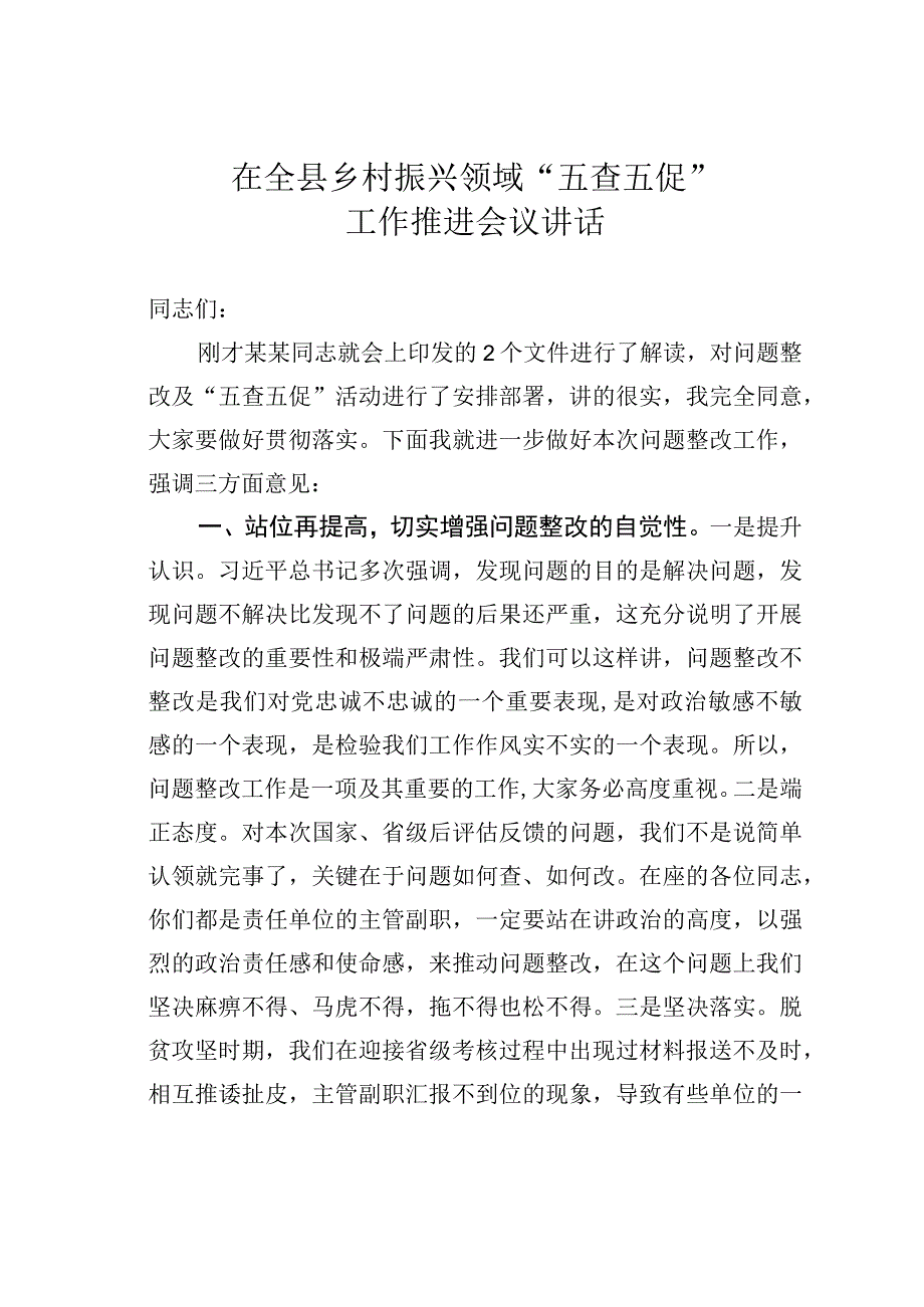 在全县乡村振兴领域“五查五促”工作推进会议讲话.docx_第1页