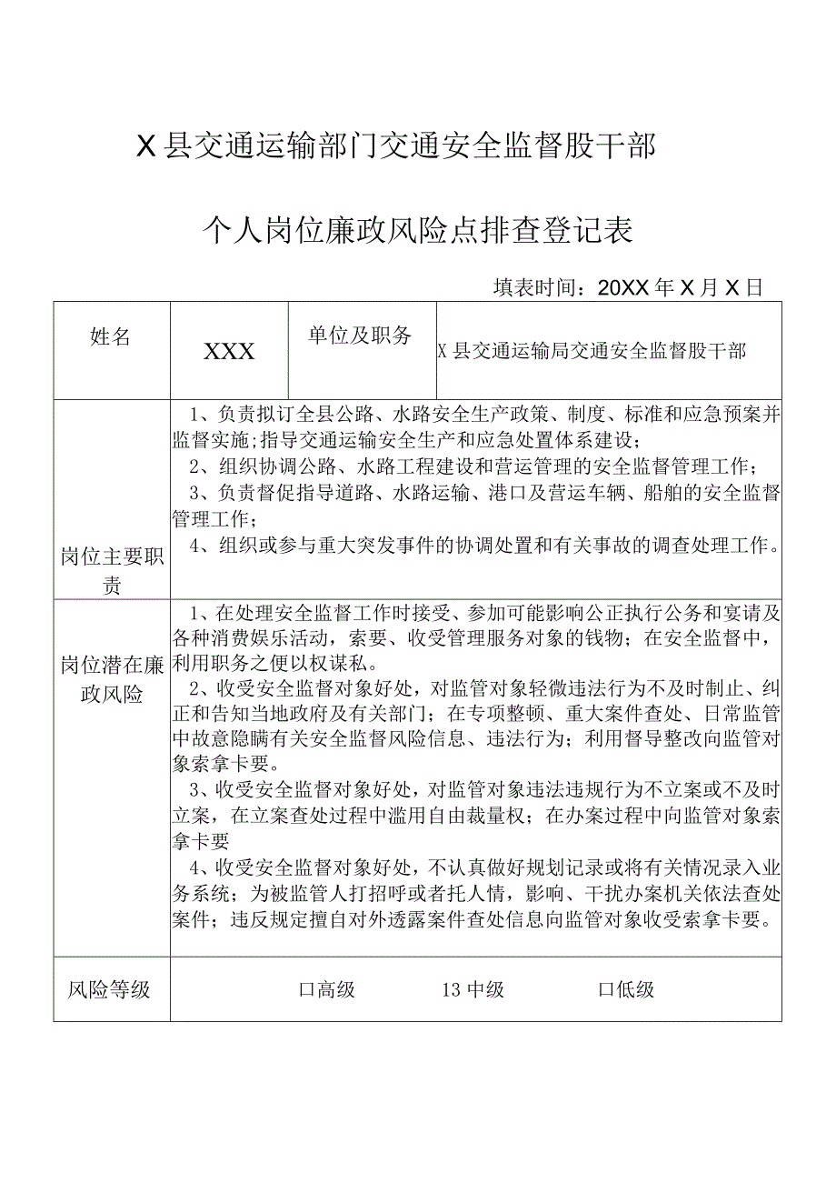 某县交通运输部门交通安全监督股干部个人岗位廉政风险点排查登记表.docx_第1页