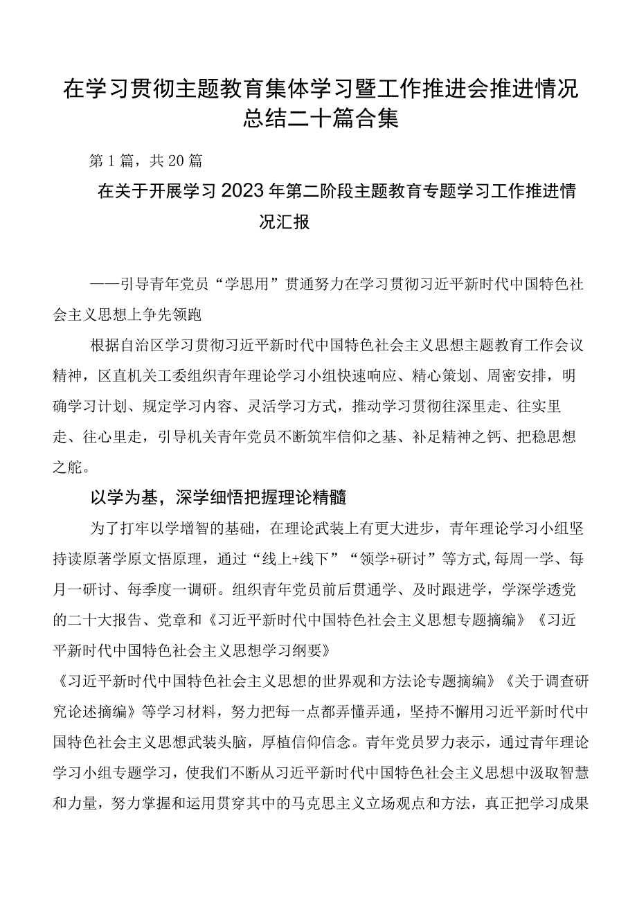 在学习贯彻主题教育集体学习暨工作推进会推进情况总结二十篇合集.docx_第1页