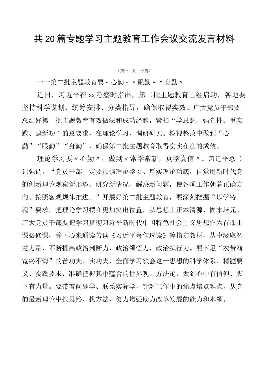 共20篇专题学习主题教育工作会议交流发言材料.docx_第1页