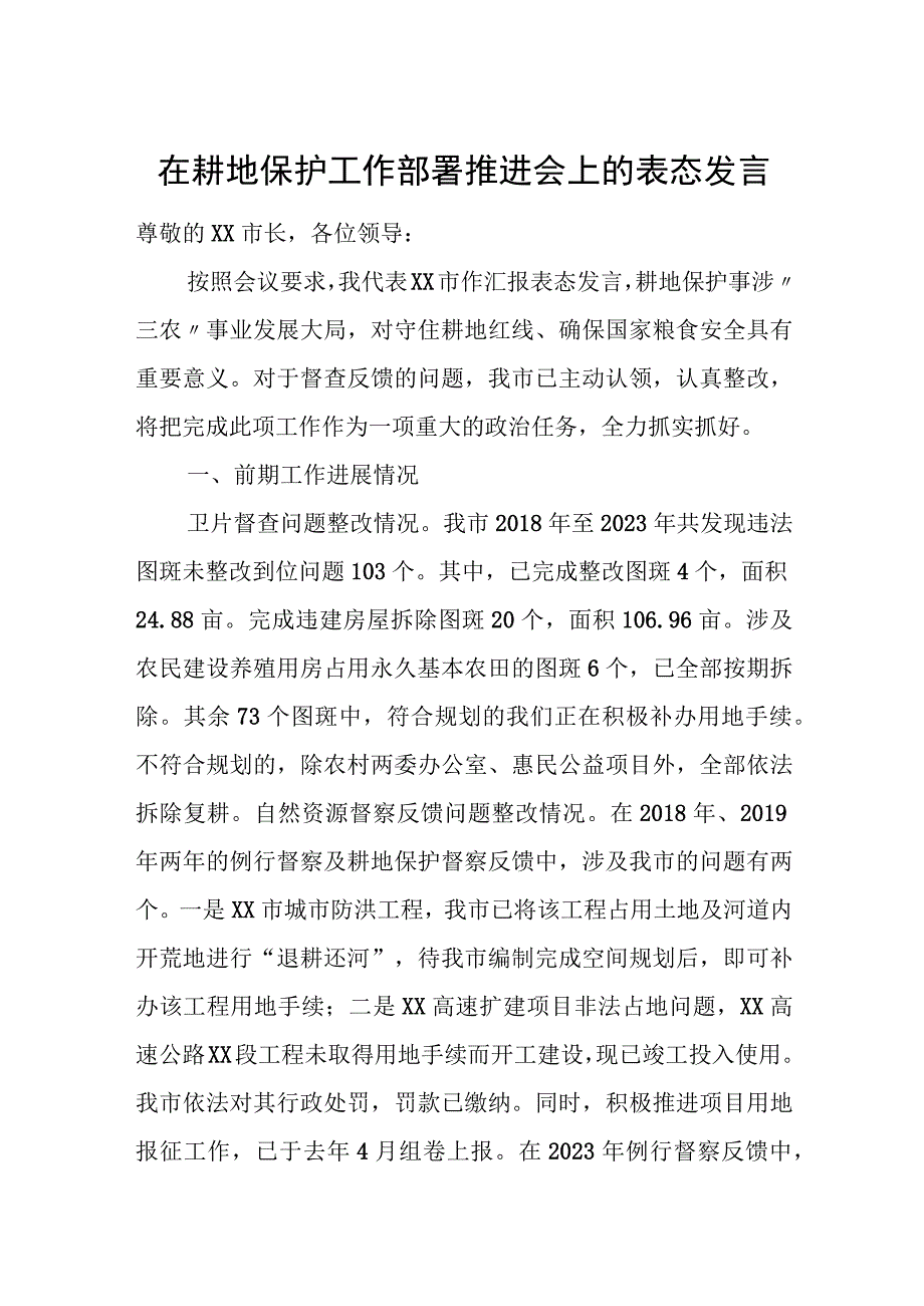 在耕地保护工作部署推进会上的表态发言.docx_第1页