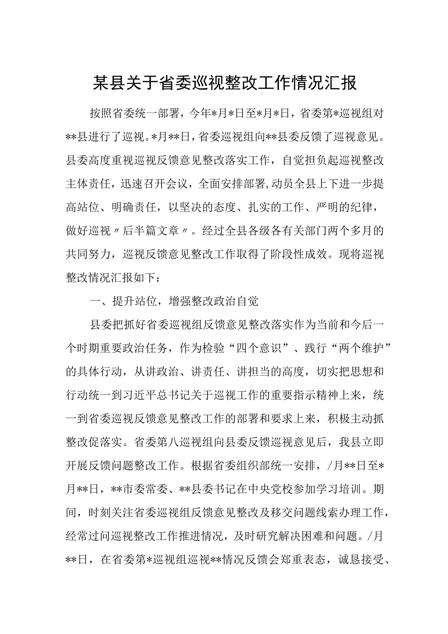 某县关于省委巡视整改工作情况汇报.docx_第1页