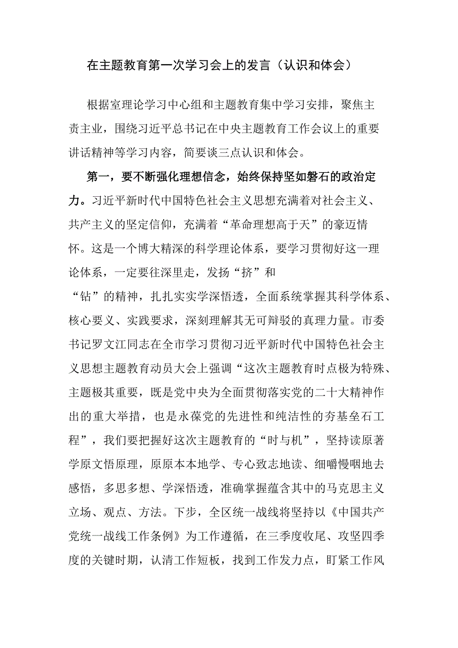 在主题教育第一次学习会上的发言（认识和体会）.docx_第1页