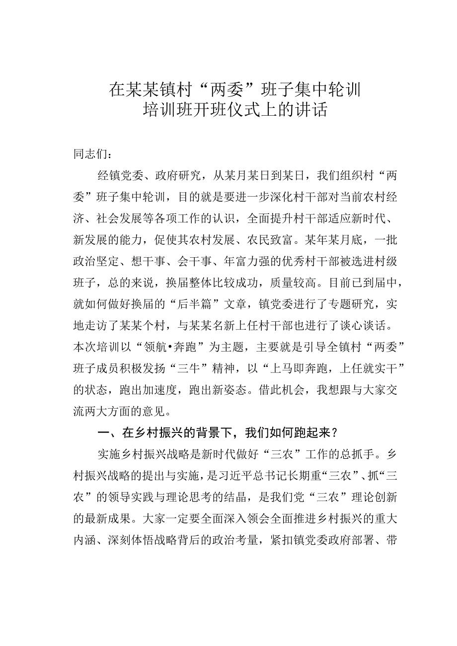 在某某镇村“两委”班子集中轮训培训班开班仪式上的讲话.docx_第1页