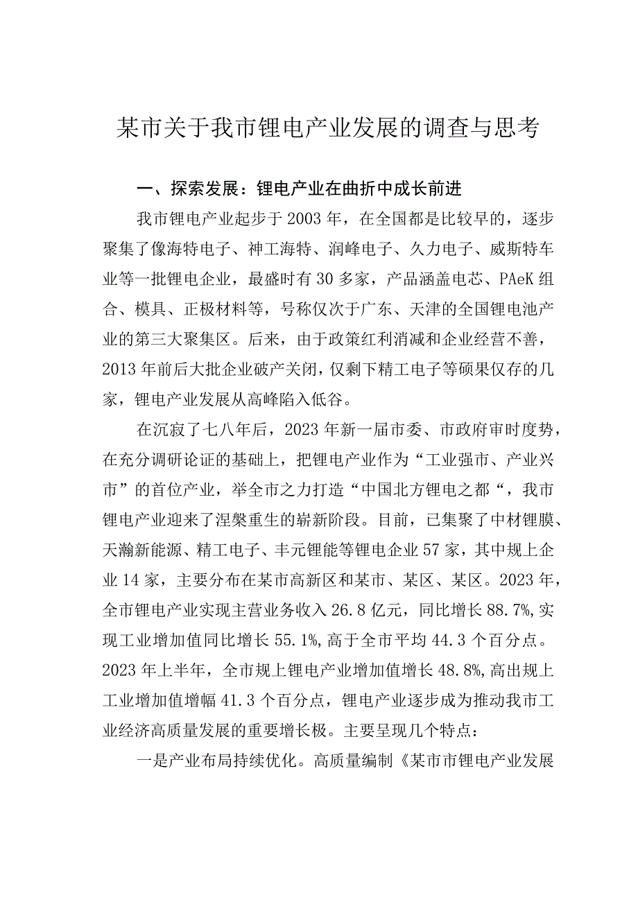 某市关于我市锂电产业发展的调查与思考.docx_第1页