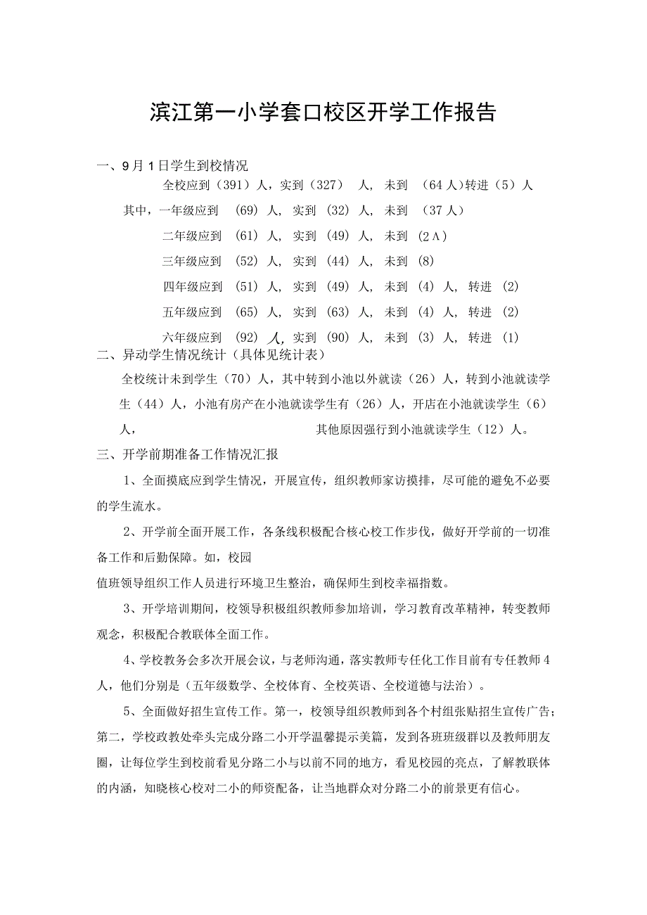 滨江第一小学套口校区开学工作报告.docx_第1页