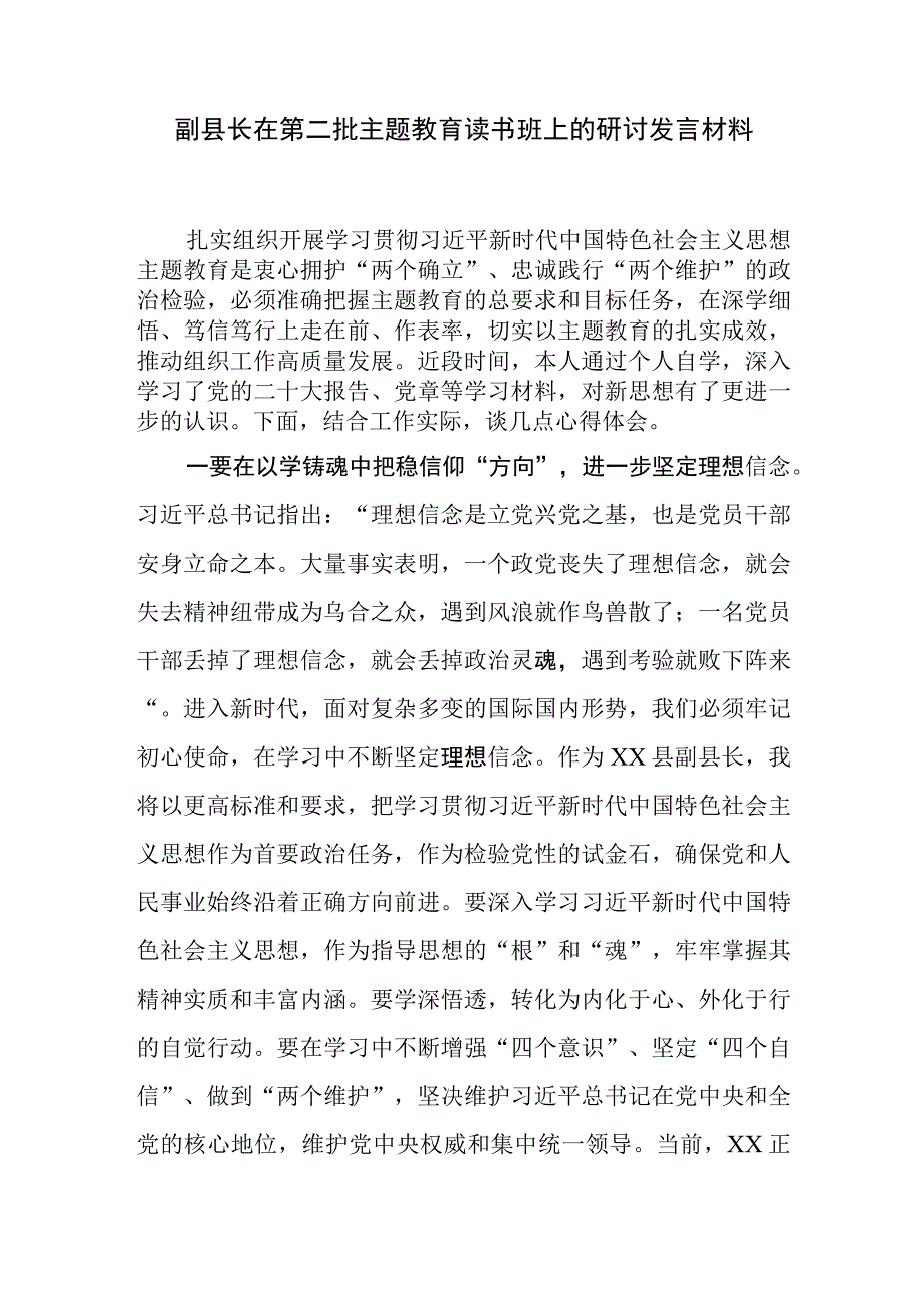 副县长在第二批主题教育读书班上的研讨发言.docx_第1页