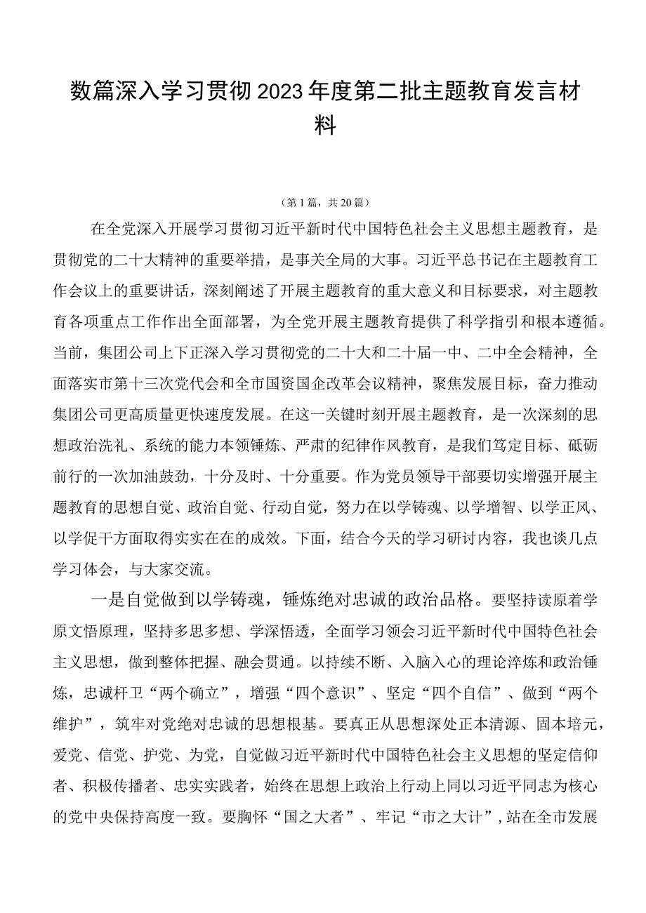 数篇深入学习贯彻2023年度第二批主题教育发言材料.docx_第1页