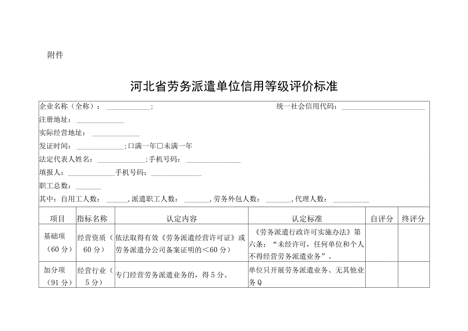 河北省劳务派遣单位信用等级评价标准.docx_第1页