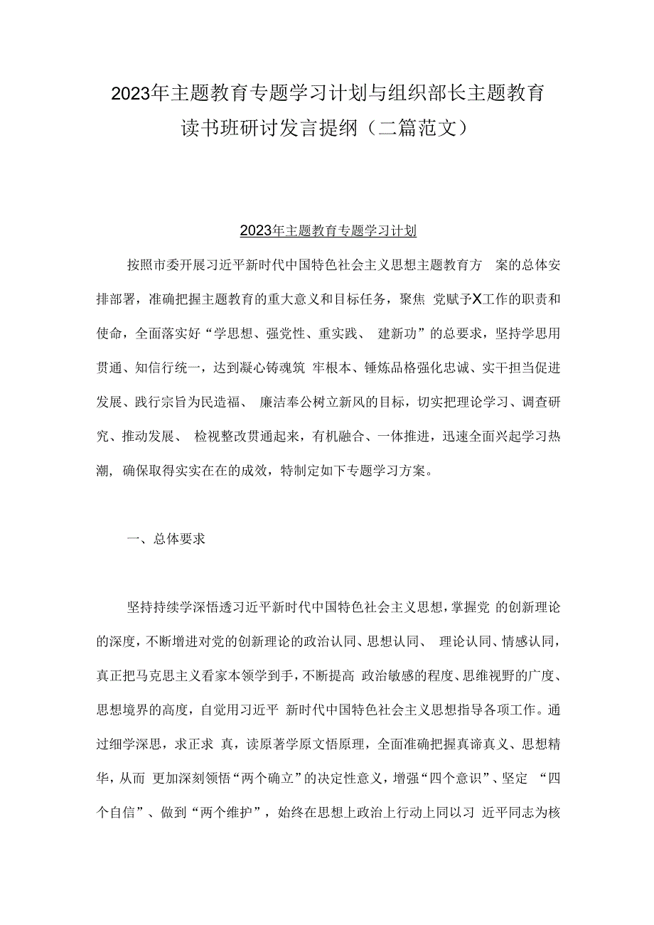 2023年主题教育专题学习计划与组织部长主题教育读书班研讨发言提纲（二篇范文）.docx_第1页