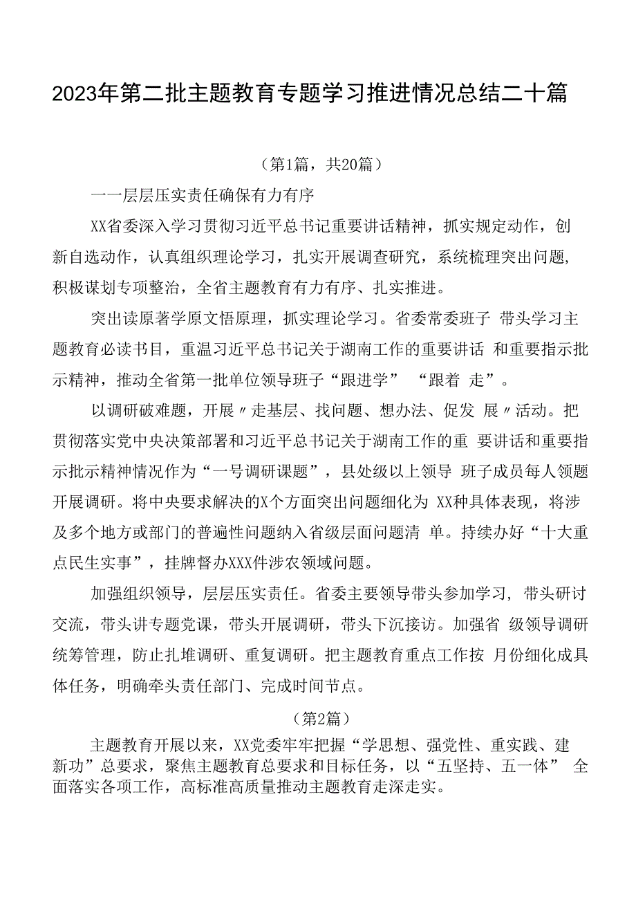 2023年第二批主题教育专题学习推进情况总结二十篇.docx_第1页