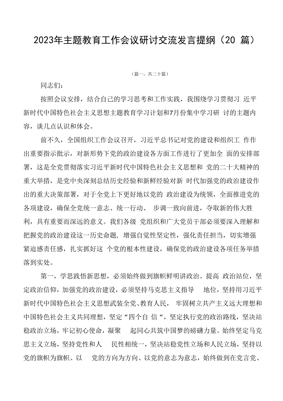 2023年主题教育工作会议研讨交流发言提纲（20篇）.docx_第1页