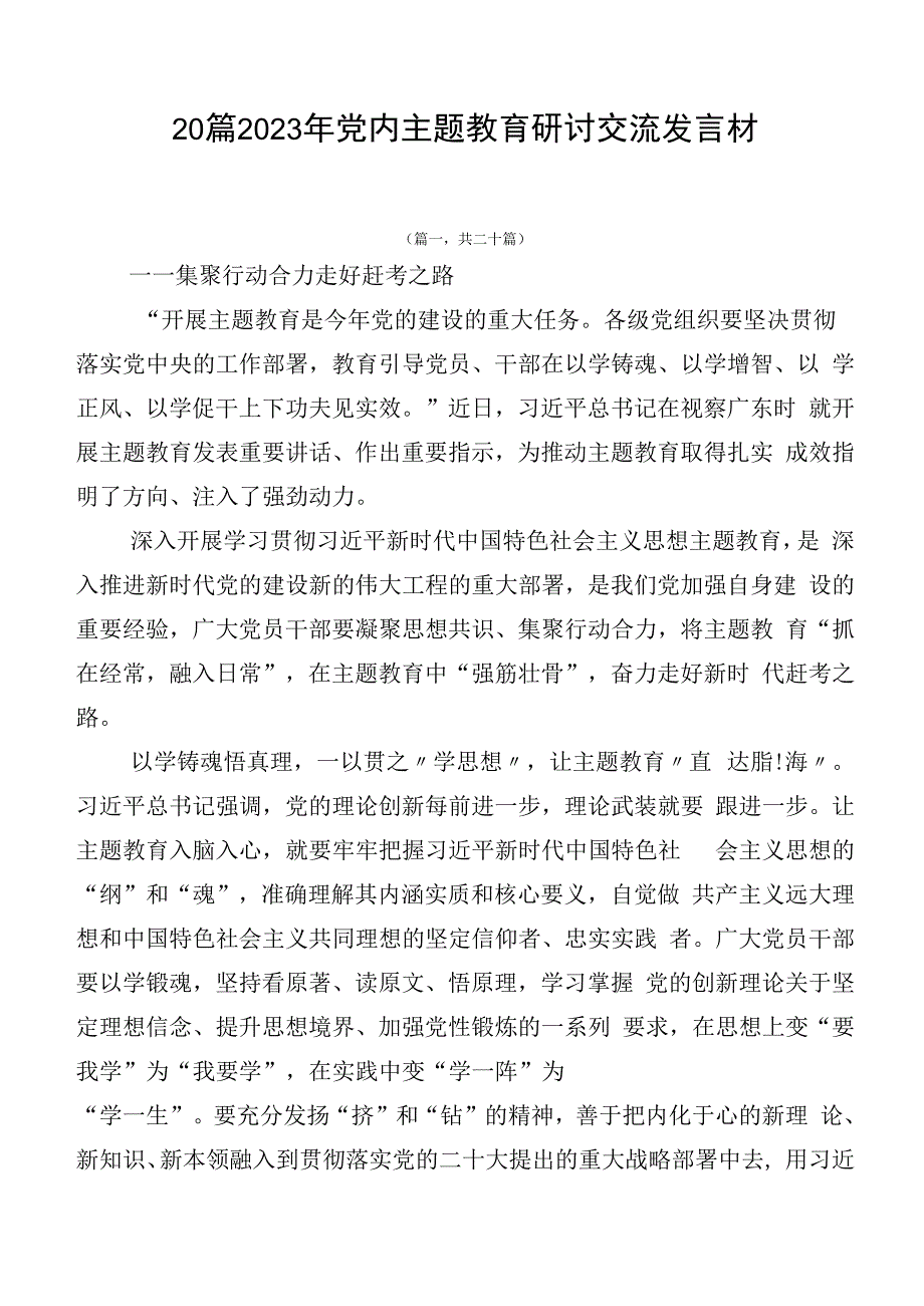 20篇2023年党内主题教育研讨交流发言材.docx_第1页