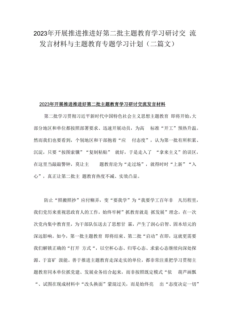 2023年开展推进推进好第二批主题教育学习研讨交流发言材料与主题教育专题学习计划（二篇文）.docx_第1页