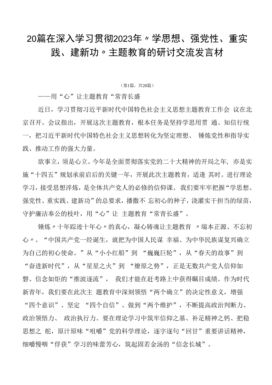 20篇在深入学习贯彻2023年“学思想、强党性、重实践、建新功”主题教育的研讨交流发言材.docx_第1页