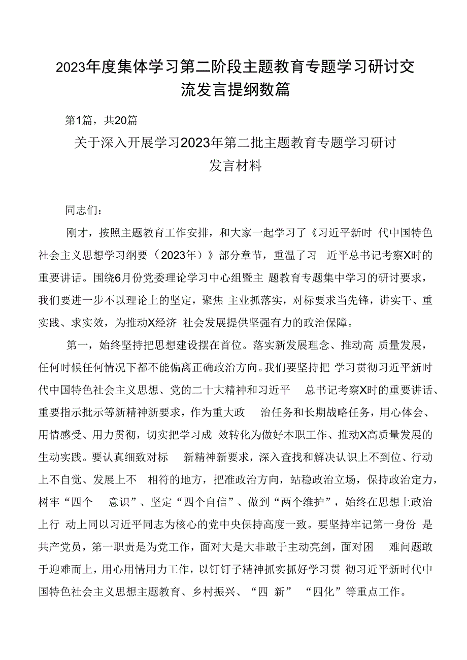 2023年度集体学习第二阶段主题教育专题学习研讨交流发言提纲数篇.docx_第1页