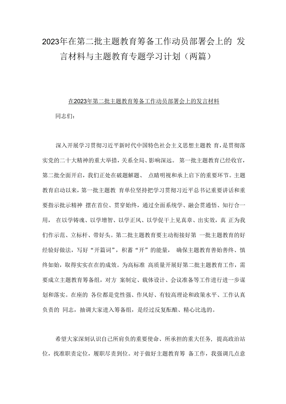 2023年在第二批主题教育筹备工作动员部署会上的发言材料与主题教育专题学习计划（两篇）.docx_第1页