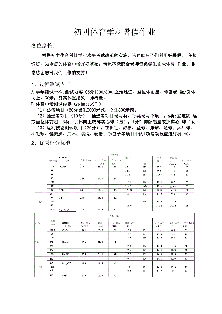 2020级初四体育暑假期作业.docx_第1页