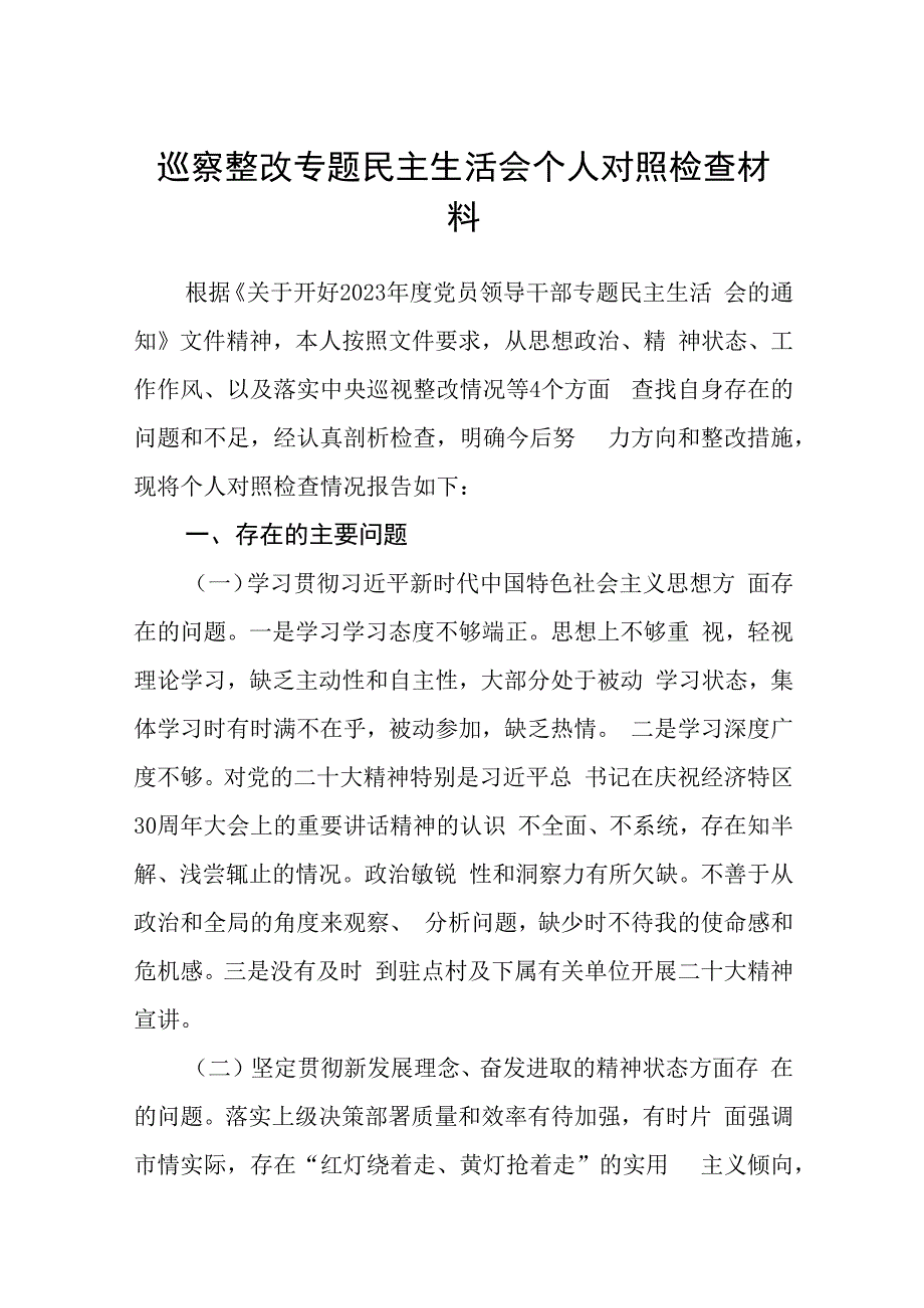 2023党组书记巡察整改专题民主生活会个人对照检查材料（共五篇）汇编.docx_第1页