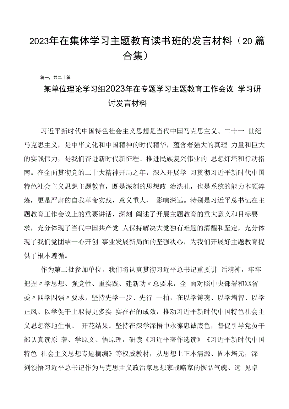 2023年在集体学习主题教育读书班的发言材料（20篇合集）.docx_第1页