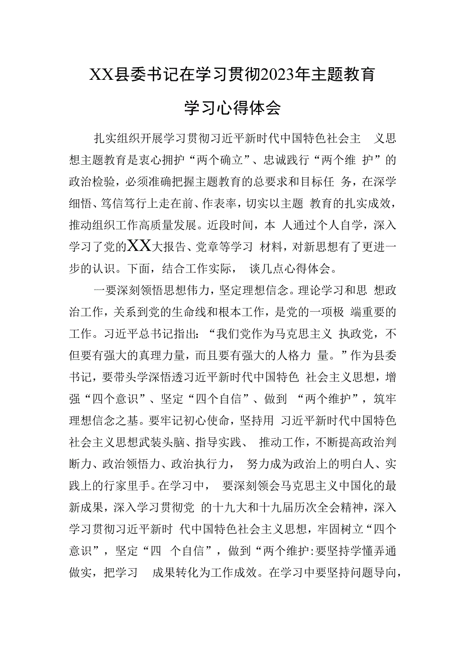 XX县委书记在学习贯彻2023年主题教育学习心得体会.docx_第1页