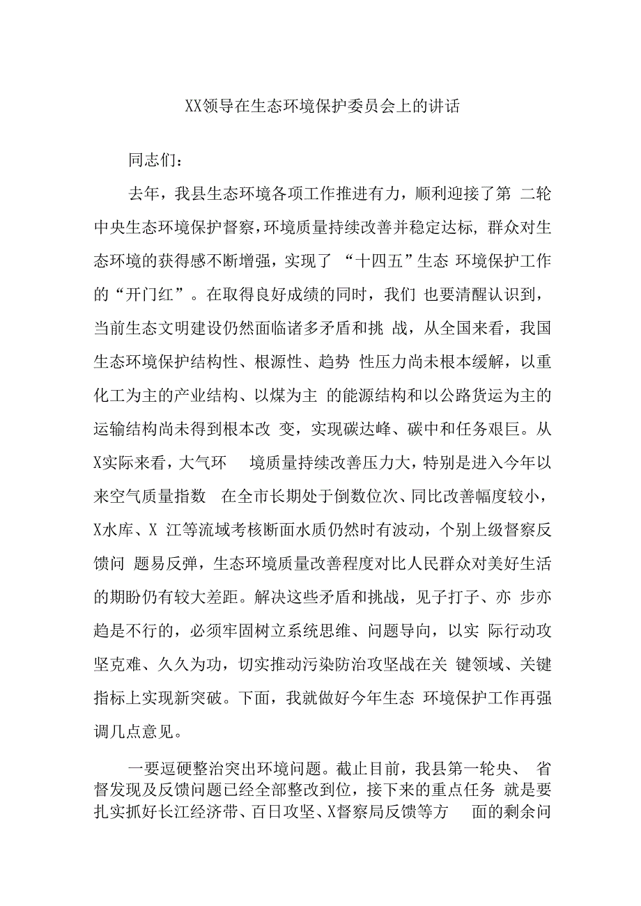 XX领导在生态环境保护委员会上的讲话.docx_第1页